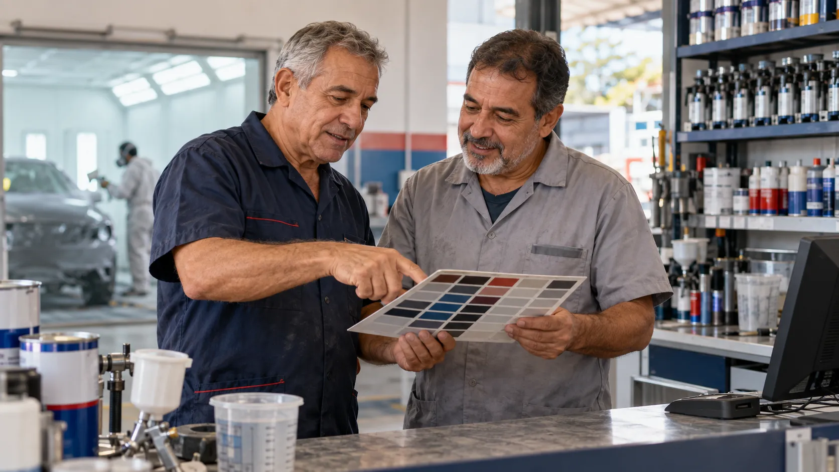Dois profissionais no balcão de uma loja de tintas conferindo um catálogo de cores; ao fundo, um pintor trabalha na cabine
